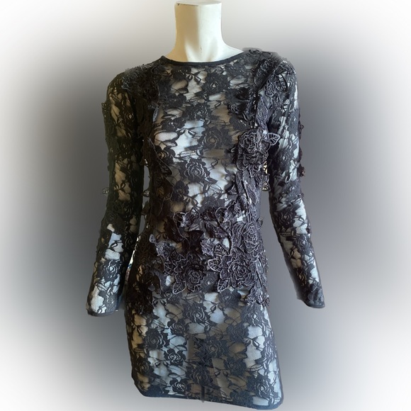 Lace black gothic elegant dark floral appliqué cocktail sexy vamp dress prom - Picture 3 of 6